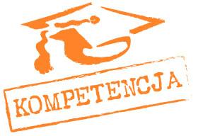 Logo projektu Kompetencja. Na zdjęciu w pomarańczowej ramce znajduje się napis KOMPETENCJA a nad ramka strzałka