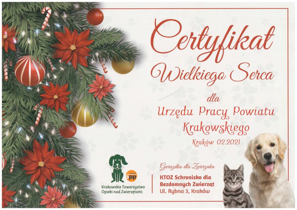 Zdjęcie galerii artykułu:  - Certyfikat Wielkiego Serca dla Urzędu Pracy Powiatu Krakowskiego 2021