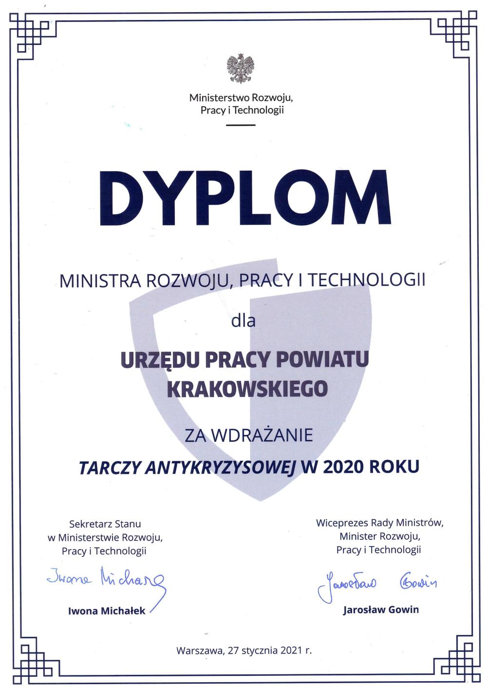 Zdjęcie galerii artykułu: Dyplom Ministra Rozwoju, Pracy i Technologii dla Urzędu Pracy Powiatu Krakowskiego za wdrożenie Tarczy Antykryzysowej w 2020 roku - Dyplom Ministra Rozwoju Pracy i Technologii 2021