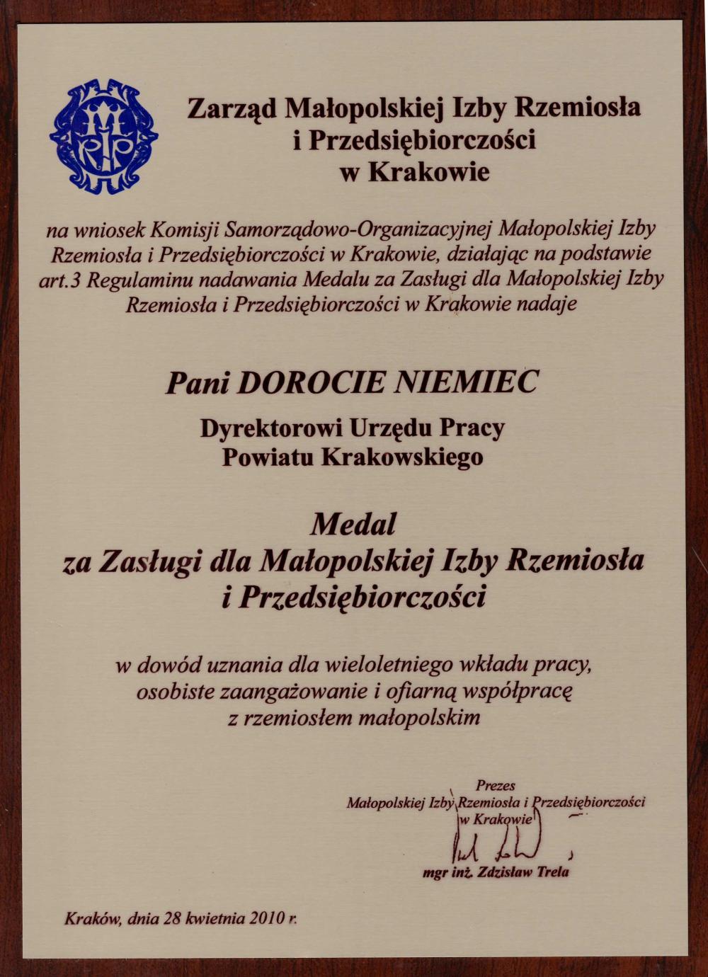 Zdjęcie galerii artykułu:  - Dyplom Zarząd Małopolskiej Izby Rzemiosła i Przedsiębiorczości w Krakowie