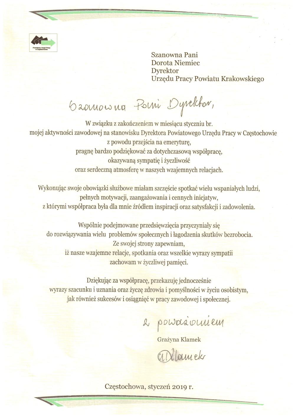 Zdjęcie galerii artykułu:  - Podziękowanie Dyrektora Urzędu Pracy w Częstochowie