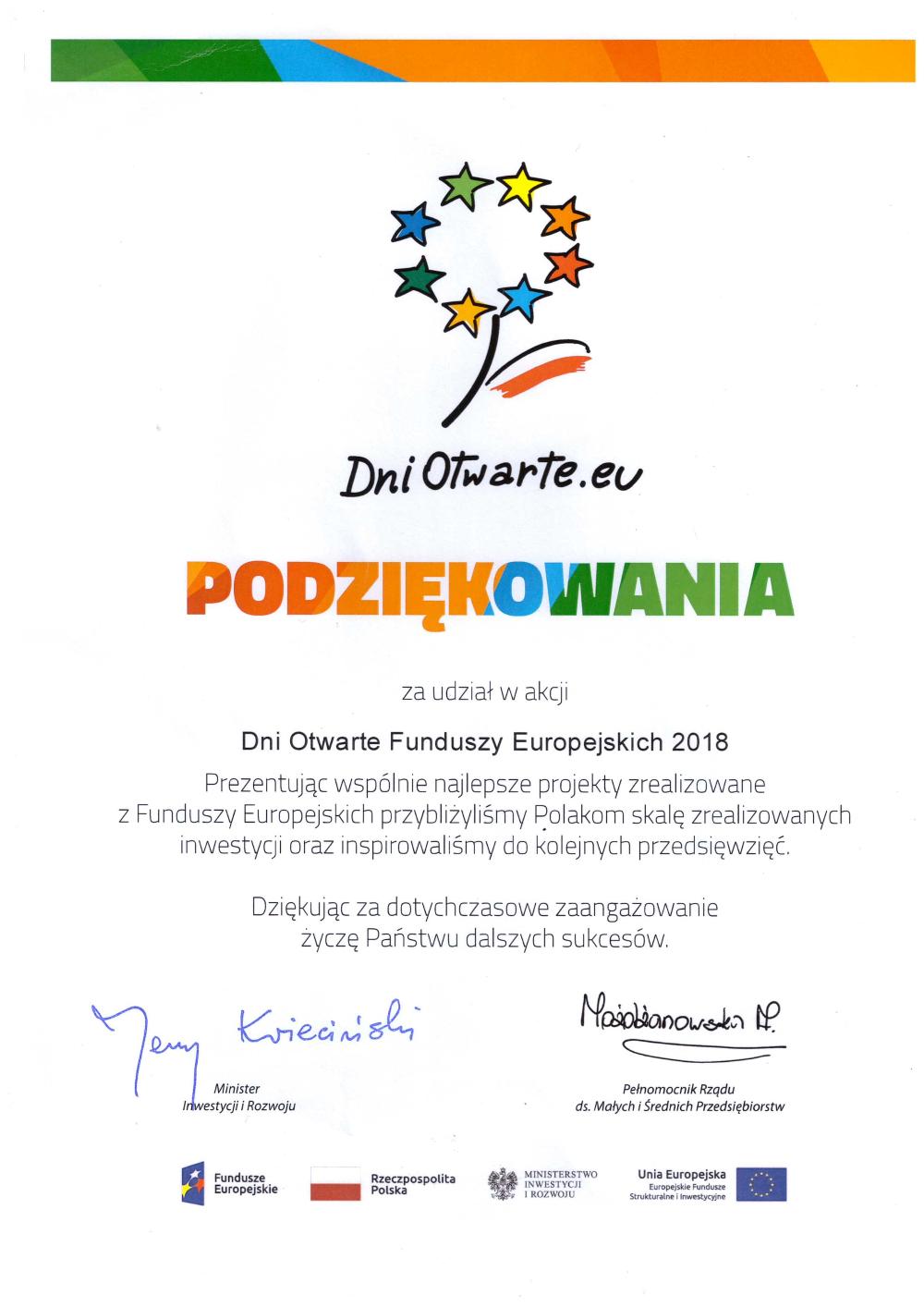 Zdjęcie galerii artykułu:  - Podziękowanie za udział w akcji Dni otwartych Funduszy Europejskich 2018
