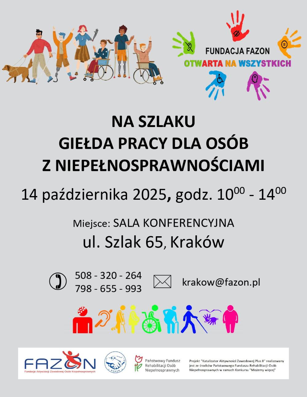 Obraz przedstawia logo fundacji Fazon, oraz plakat informacyjny giełdy dla osób z niepełnosprawnościami.