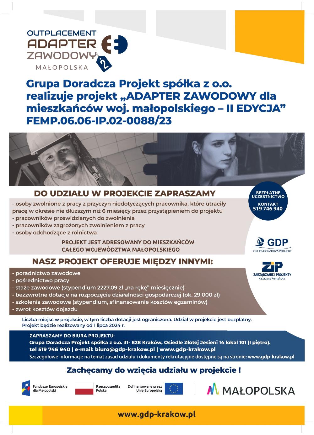 Obraz przedstawia materiały graficzne dotyczące projektu Adapter Zawodowy.
