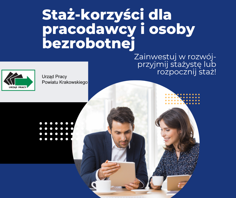 Obraz przedstawia plakat informacyjny dotyczący organizacji staży.
