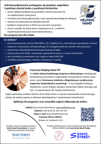 Obraz przedstawia logo oraz plakat informacyjny dotyczący inicjatywy Helping Hand.
