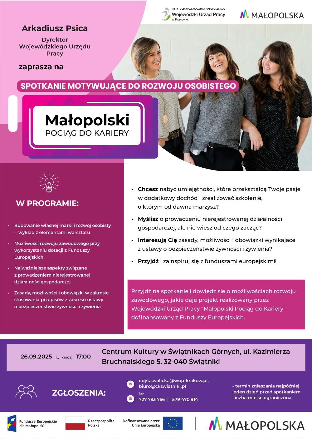 Obraz przedstawia plakat informacyjny na temat projektu Małopolski Pociąg do Kariery.
