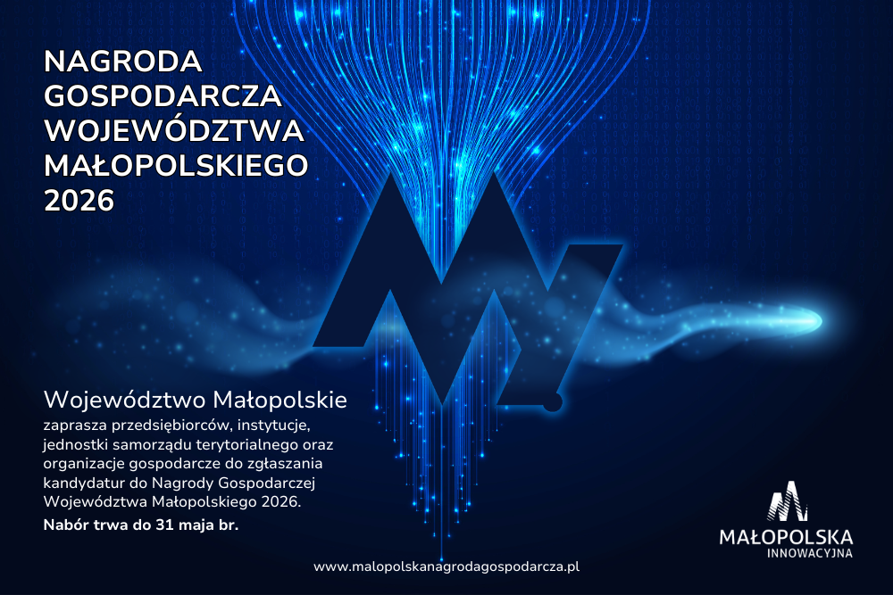 Obraz przedstawia plakat promujący konkurs: Nagroda Gospodarcza Województwa Małopolskiego.
